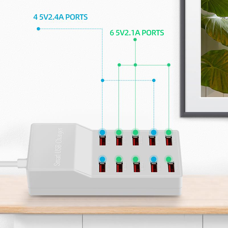 USB Laddningsstation med 10 uttag, 72W