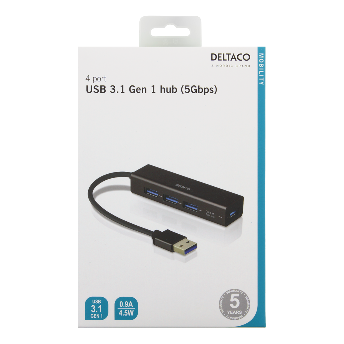 Deltaco, 4 Port hub, USB 3.0, svart