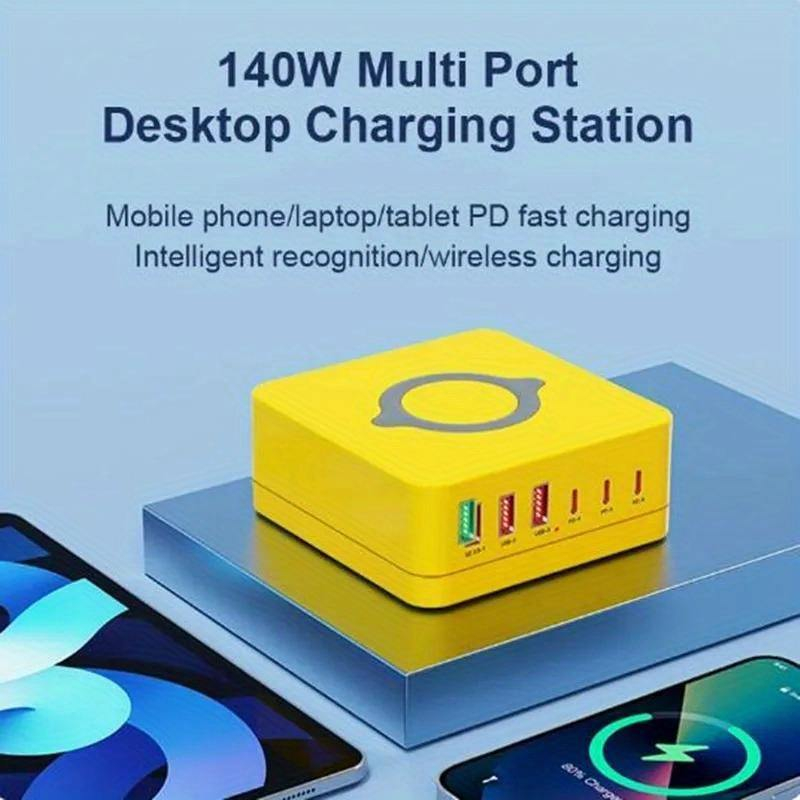 USB+USB-C Laddningsstation med 6 uttag och trådlös laddare, 140W