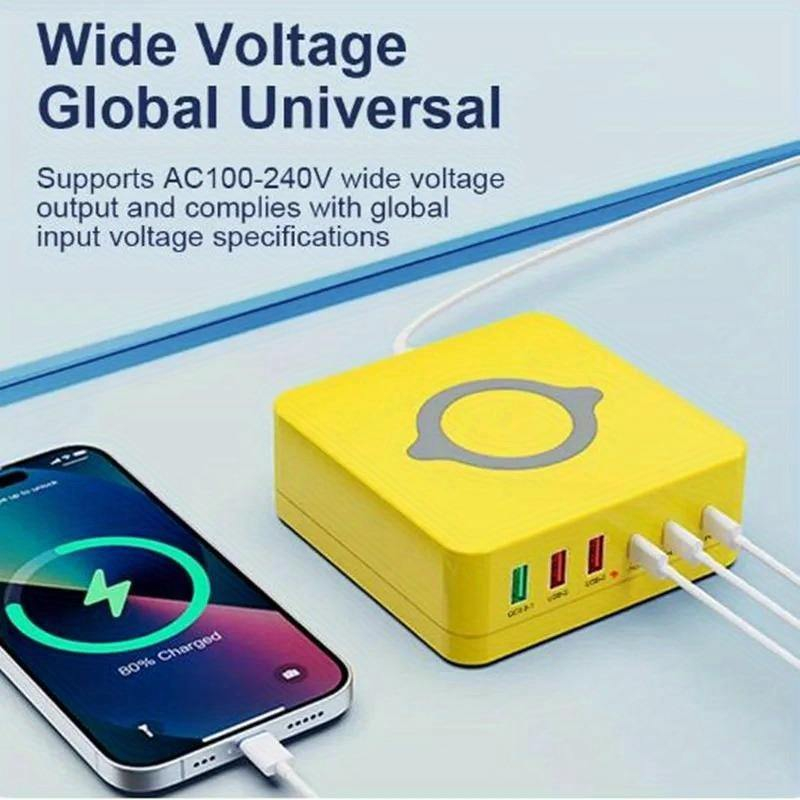 USB+USB-C Laddningsstation med 6 uttag och trådlös laddare, 140W