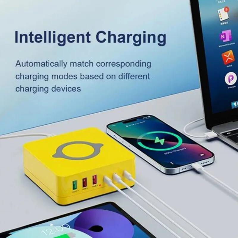 USB+USB-C Laddningsstation med 6 uttag och trådlös laddare, 140W