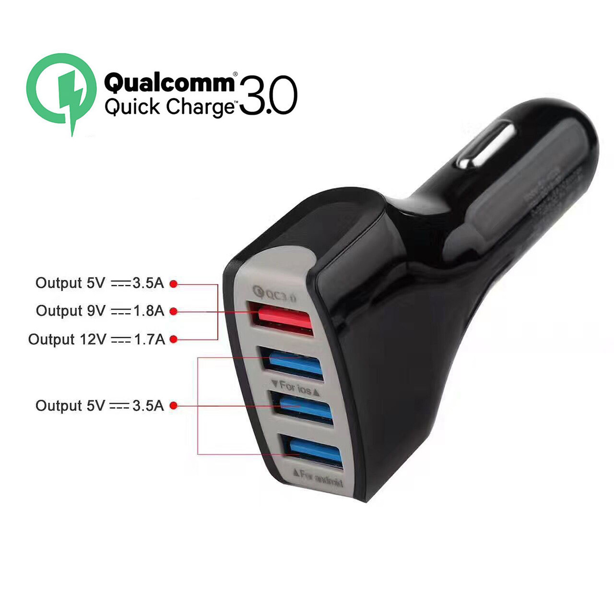 Universal billaddare, 4-Portar USB Quick Charge 3.0