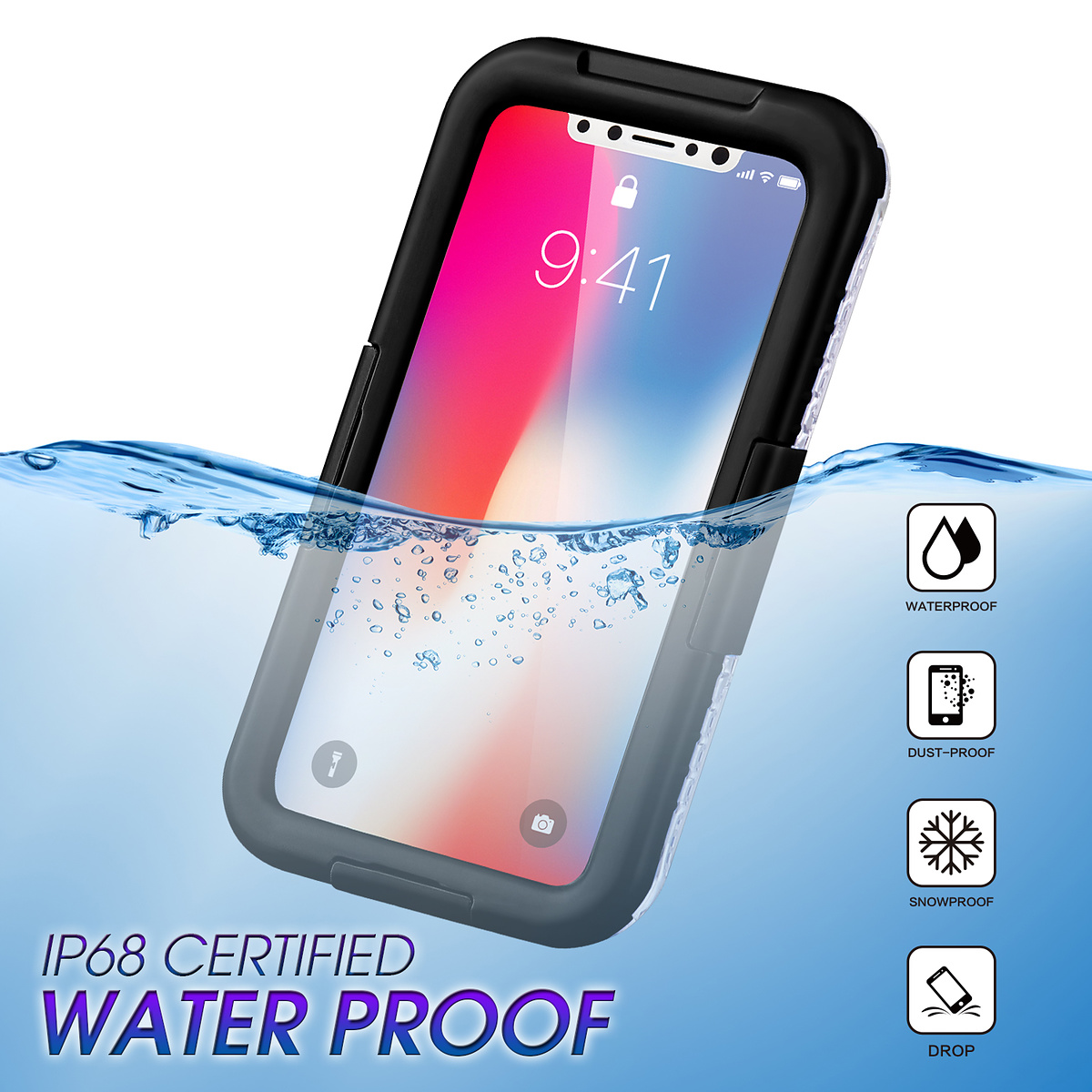 Vattentätt TPU skal till iPhone X/XS, IPX68, svart