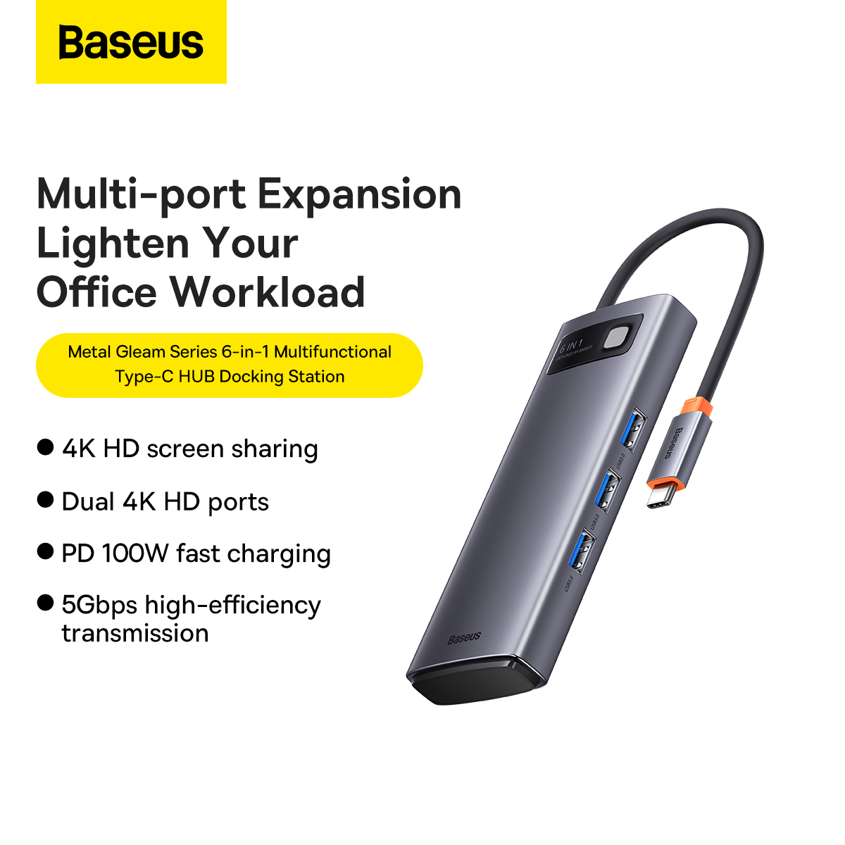 Baseus BS-OH041 Metal Gleam Series USB-C hubb, HDMI, 6 uttag