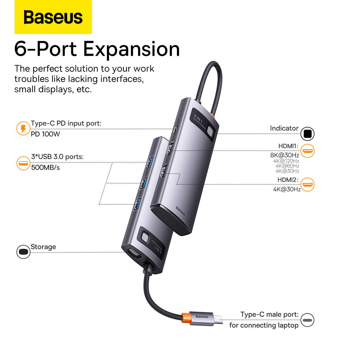 Baseus BS-OH041 Metal Gleam Series USB-C hubb, HDMI, 6 uttag