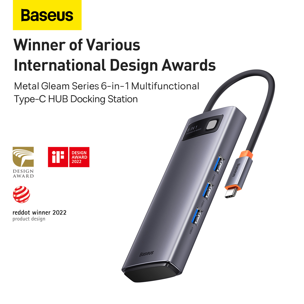 Baseus BS-OH041 Metal Gleam Series USB-C hubb, HDMI, 6 uttag