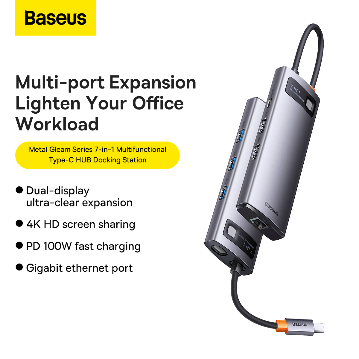 Baseus BS-OH044 Metal Gleam Series USB-C hubb, RJ45, 7 uttag