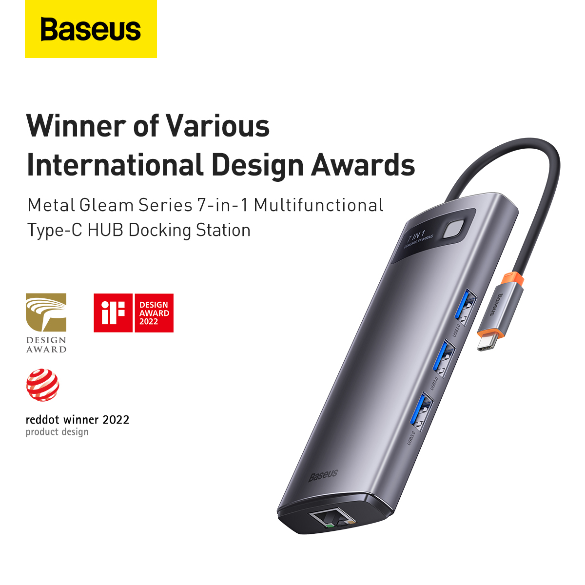 Baseus BS-OH044 Metal Gleam Series USB-C hubb, RJ45, 7 uttag