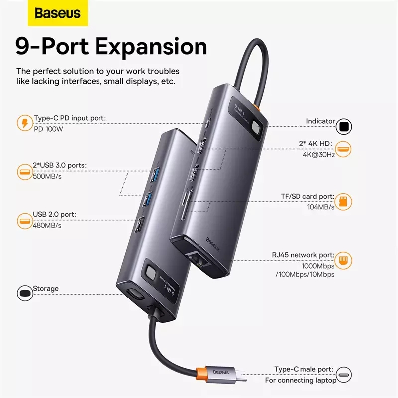 Baseus BS-OH047 Metal Gleam Series USB-C hubb, RJ45, 9 uttag