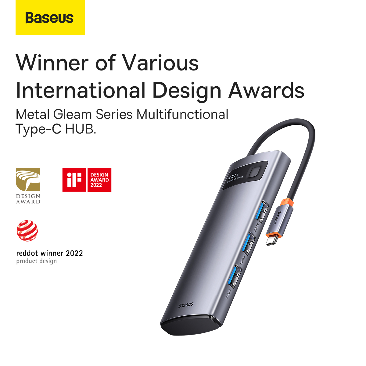 Baseus BS-OH066 Metal Gleam Series USB-C hubb, 4xUSB-A