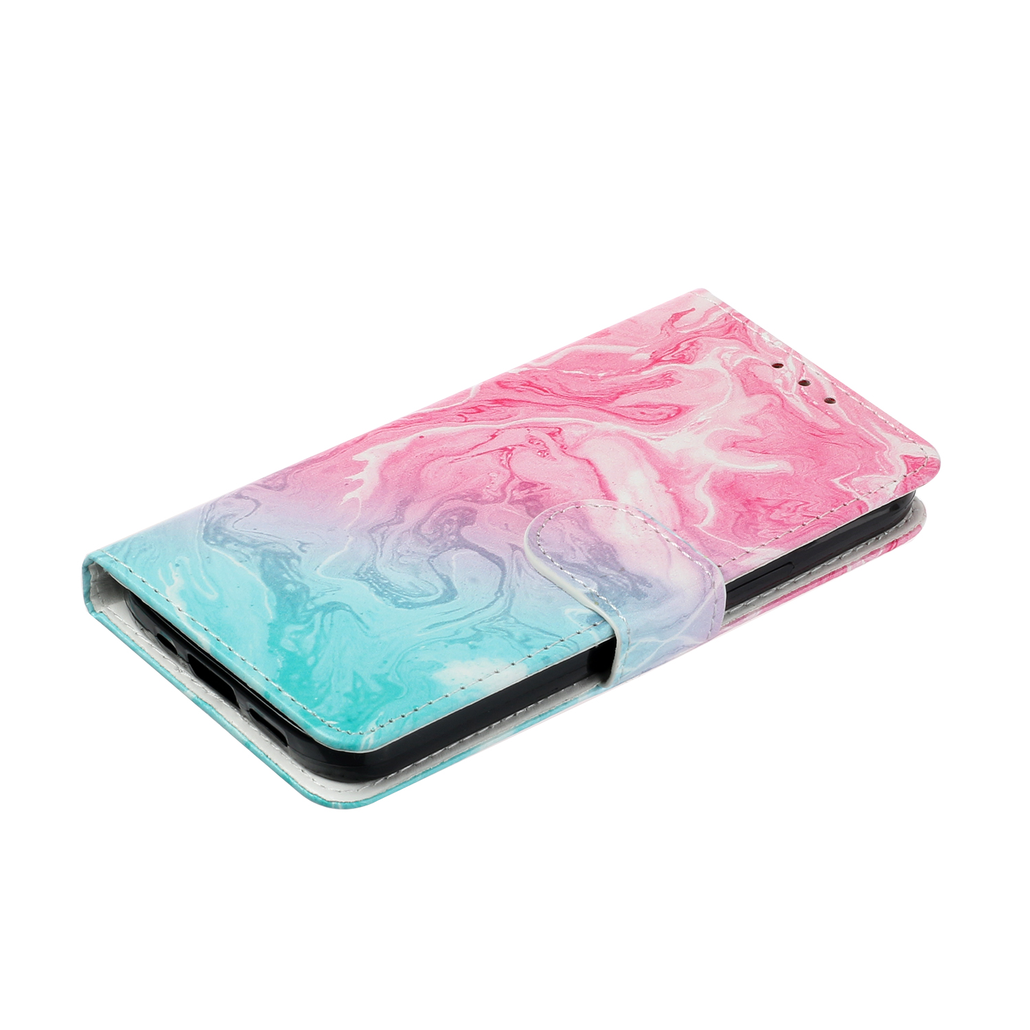 Marmorerat läderfodral, iPhone 12 Mini, rosa/blå