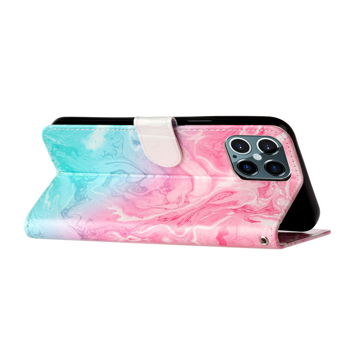 Marmorerat läderfodral, iPhone 12/12 Pro, rosa/blå