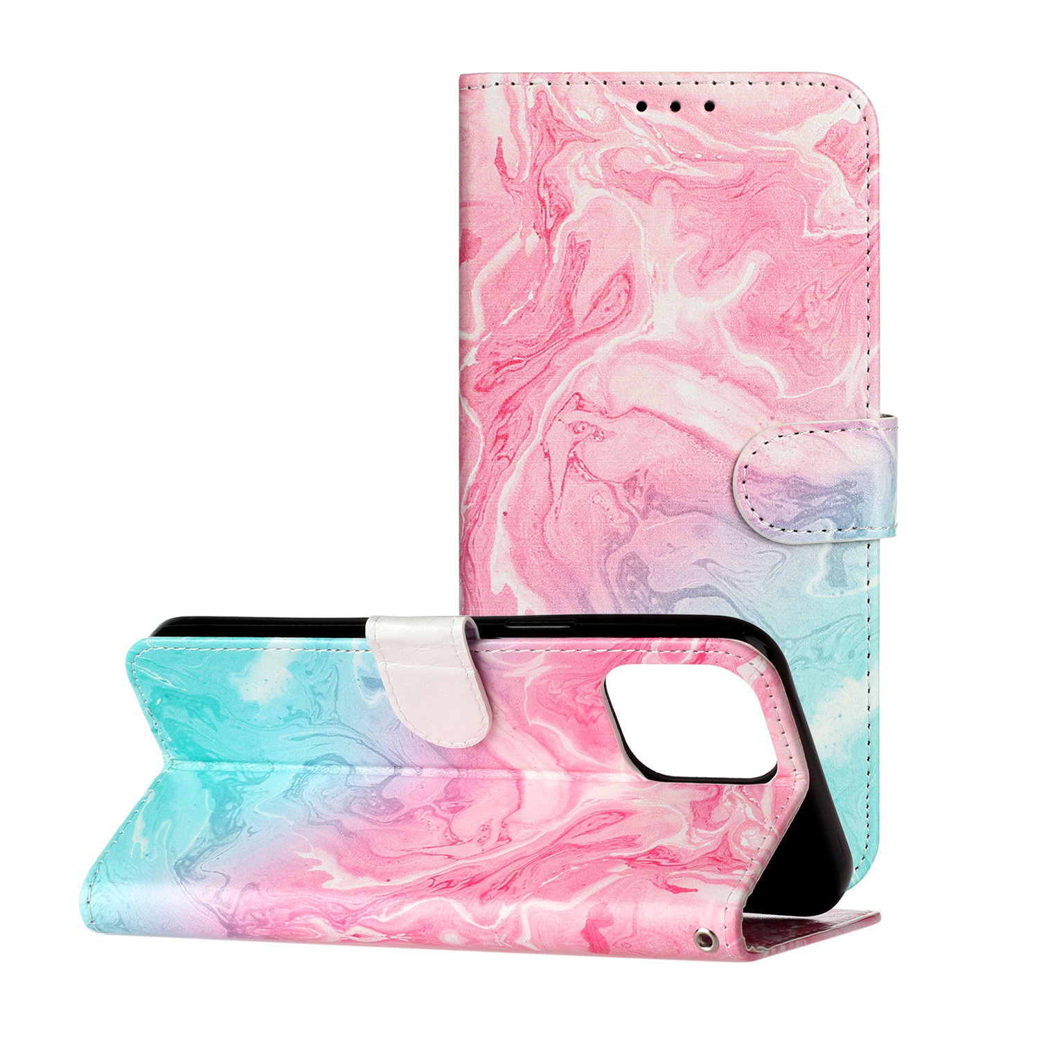 Marmorerat läderfodral, iPhone 12 Pro Max, rosa/blå