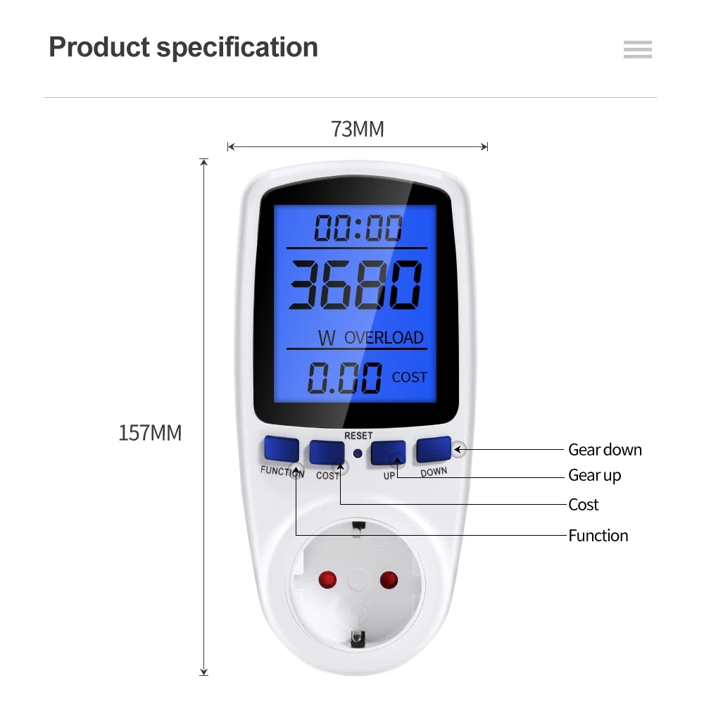 Digital elmätare med LCD-display, 0.0-3680W