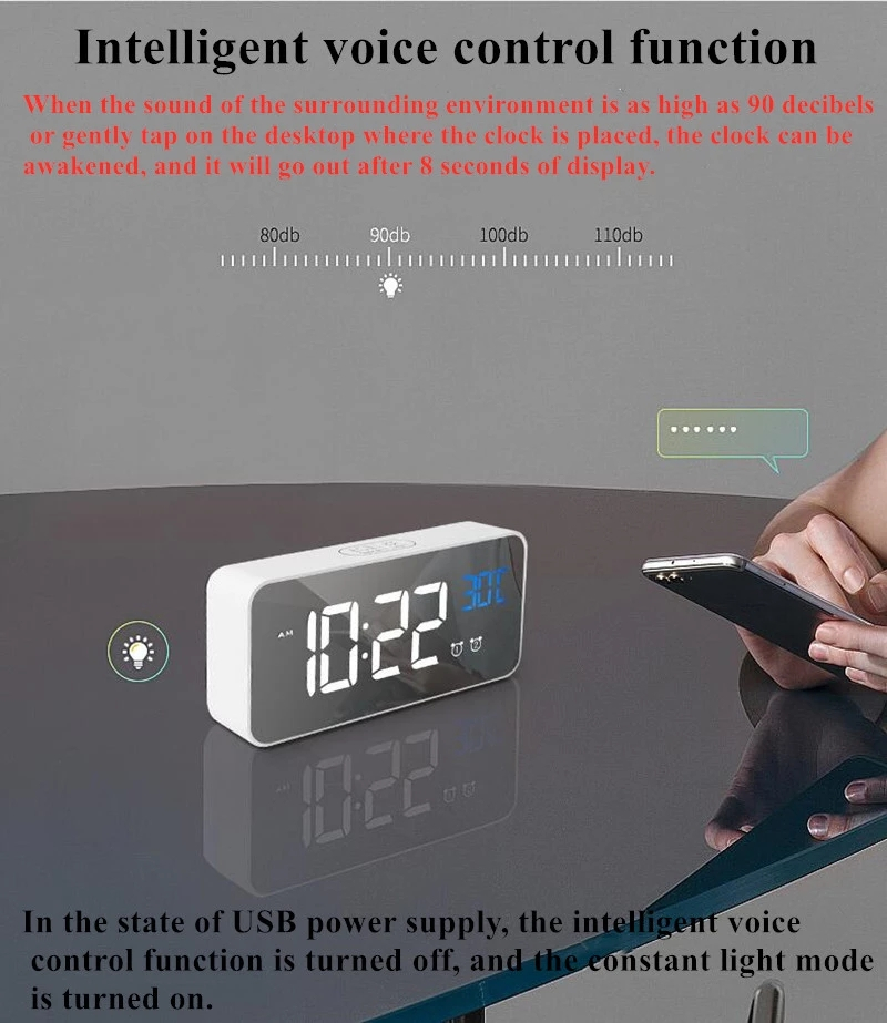 Digital väckarklocka med LED-display, vit