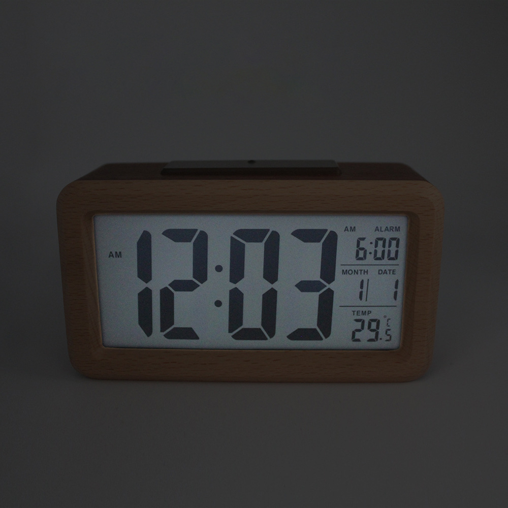 Träklädd väckarklocka med termometer, 3xAAA