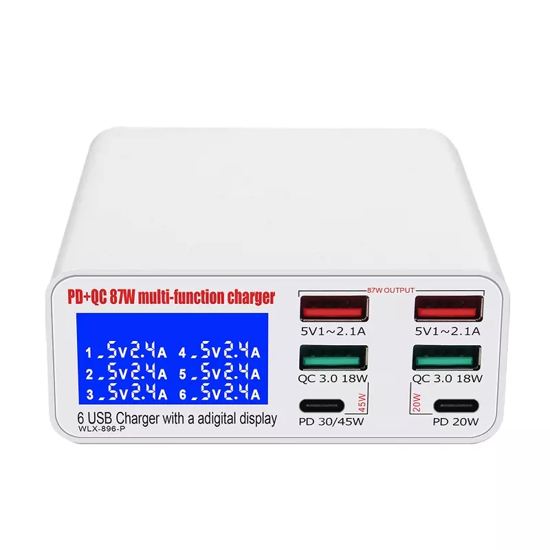 USB+USB-C Laddningsstation med display, 6 uttag, PD+QC3.0, 87W