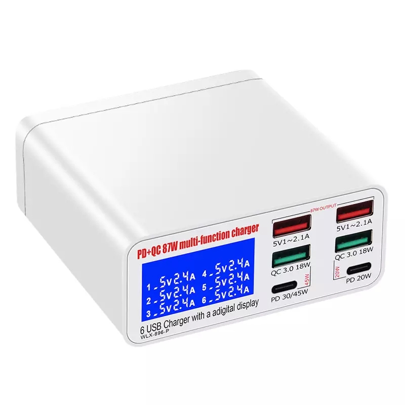 USB+USB-C Laddningsstation med display, 6 uttag, PD+QC3.0, 87W