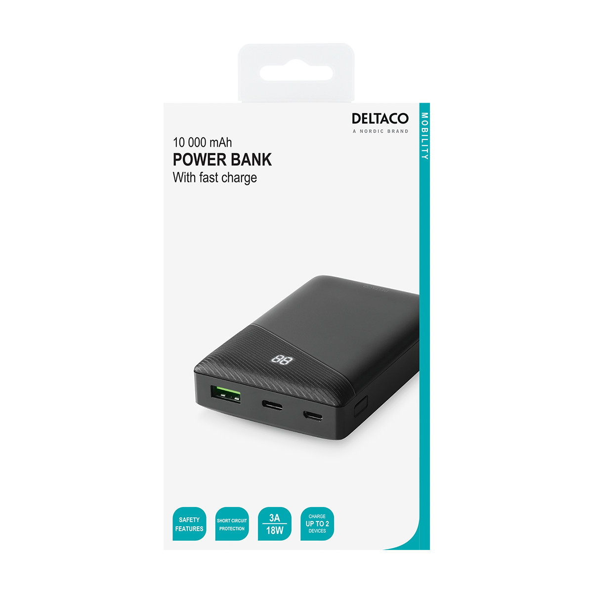 DELTACO Powerbank med både USB-A och USB-C, PD, 10.000 mAh, 18W