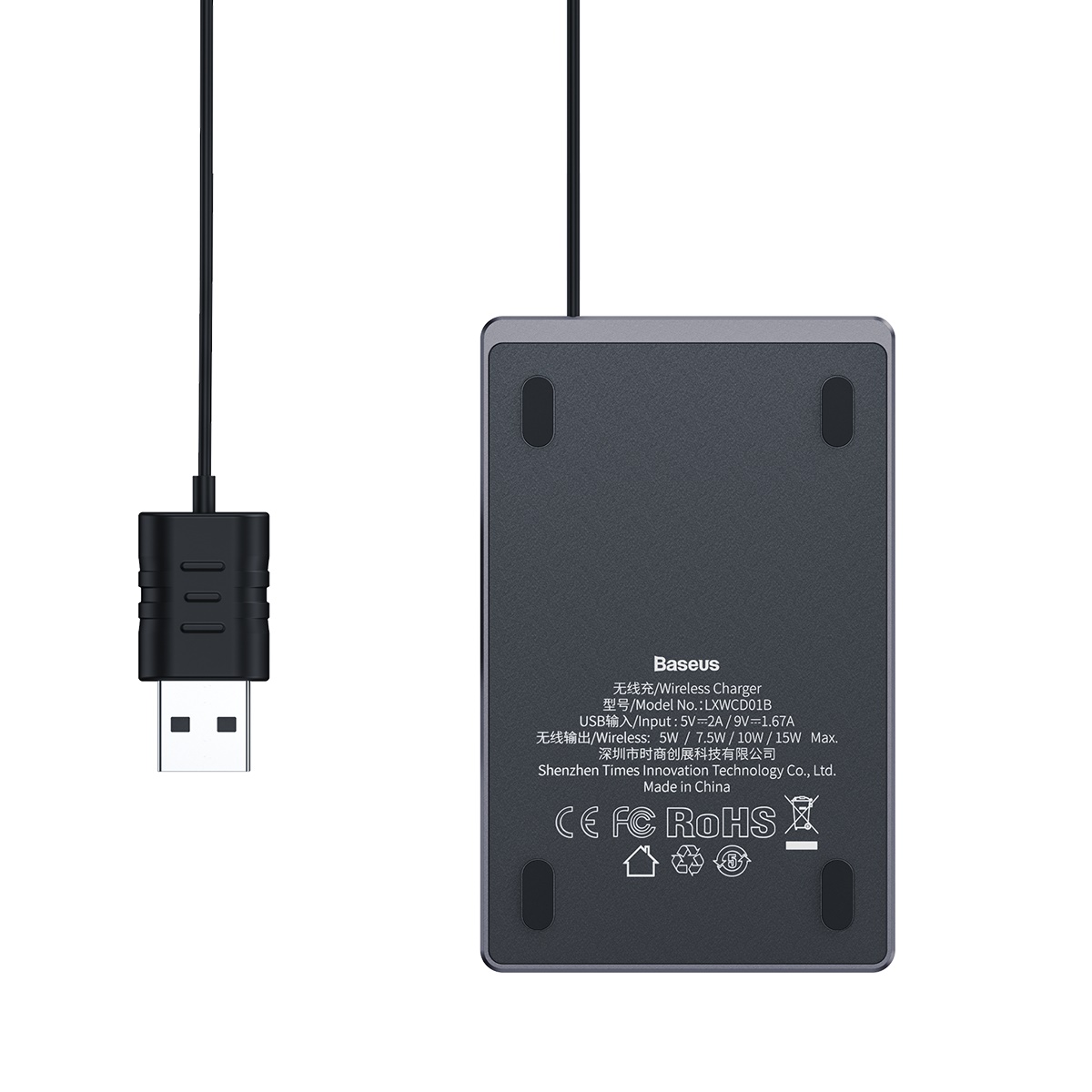 Baseus Card Ultratunn trådlös laddare+USB-kabel (1m), 15W, svart