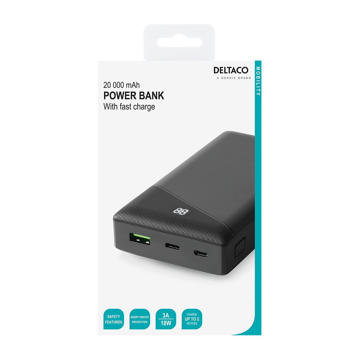 DELTACO Powerbank med både USB-A och USB-C, PD, 20.000 mAh, 18W