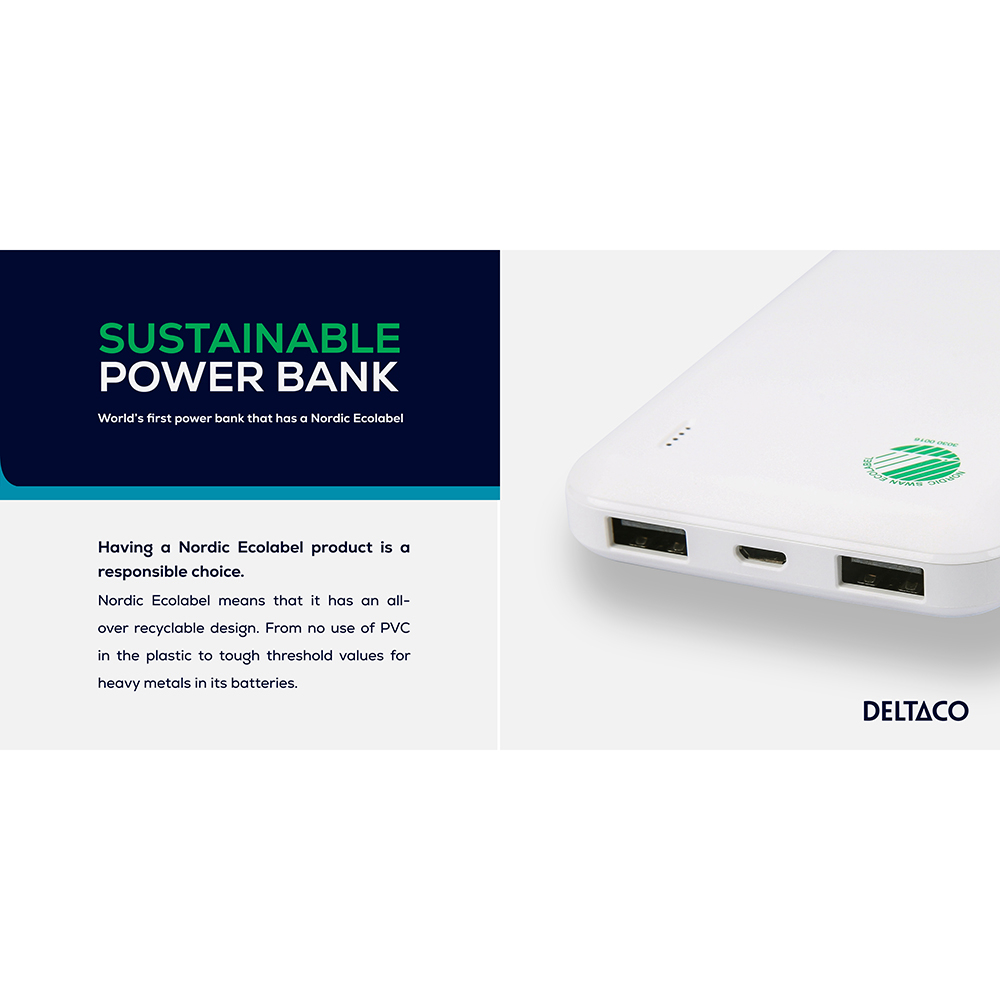 Svanen-märkt 2xUSB powerbank, 10 000mAh, vit