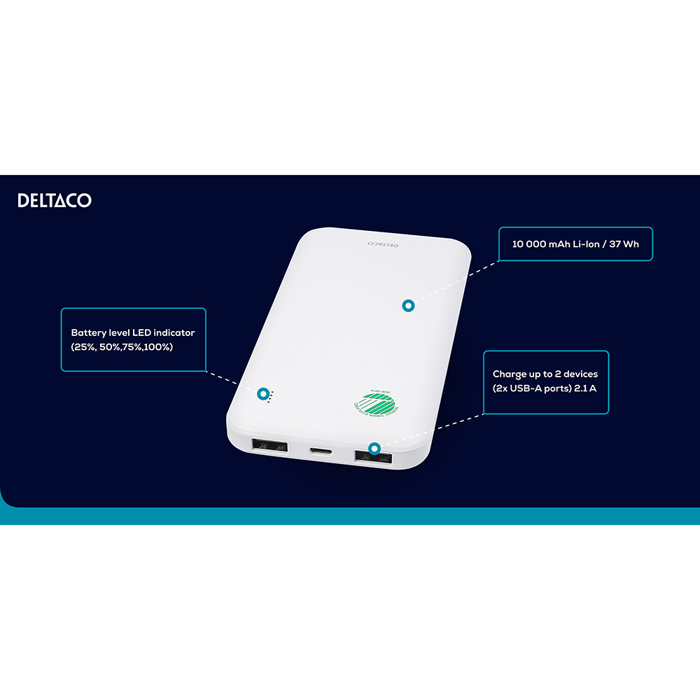 Svanen-märkt 2xUSB powerbank, 10 000mAh, vit