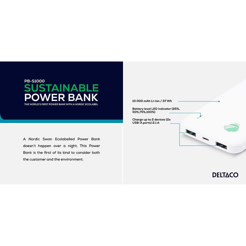 Svanen-märkt 2xUSB powerbank, 10 000mAh, vit