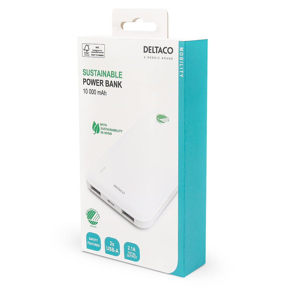 Svanen-märkt 2xUSB powerbank, 10 000mAh, vit