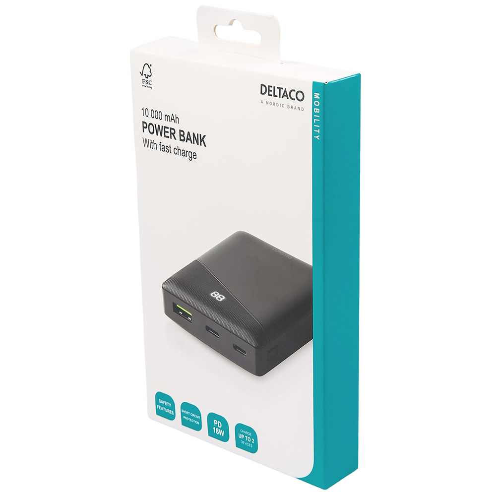 Kraftfull USB+USB-C powerbank, 10 000mAh, PD 18W, svart