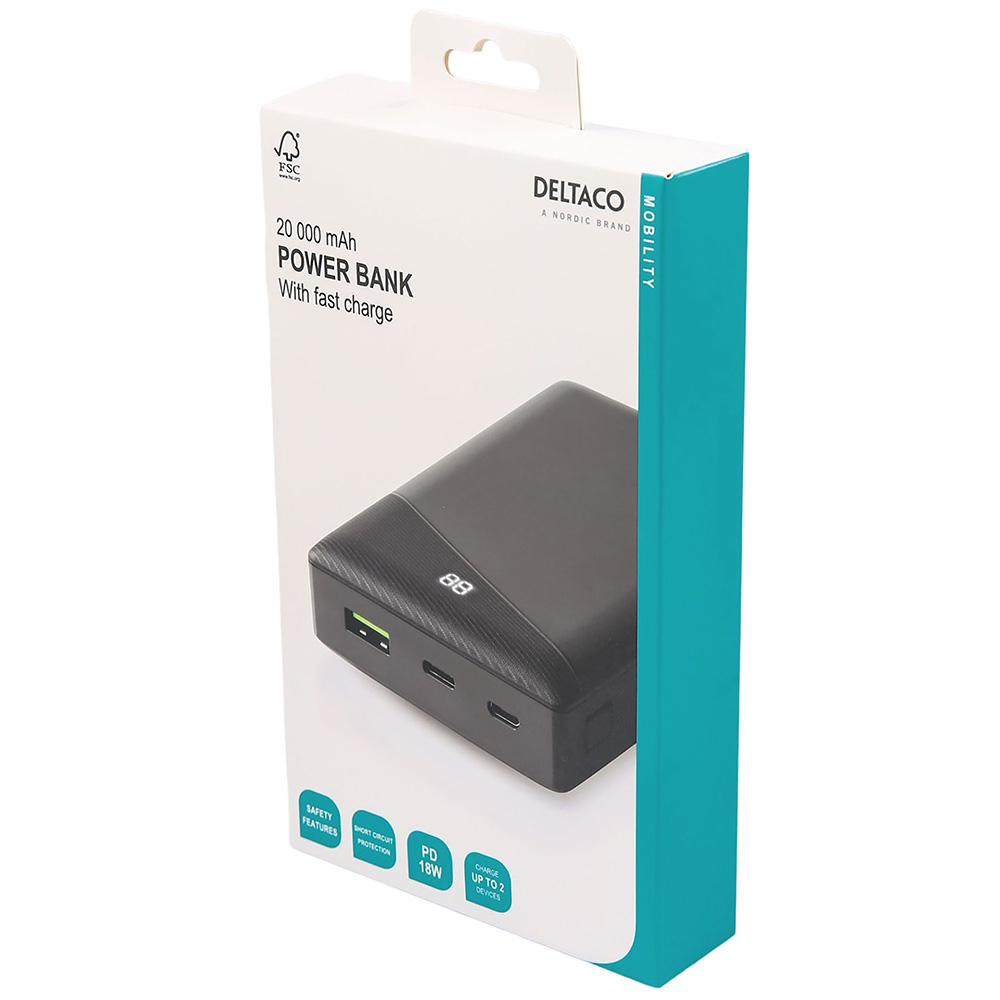 Kraftfull USB+USB-C powerbank, 20 000mAh, PD 18W, svart