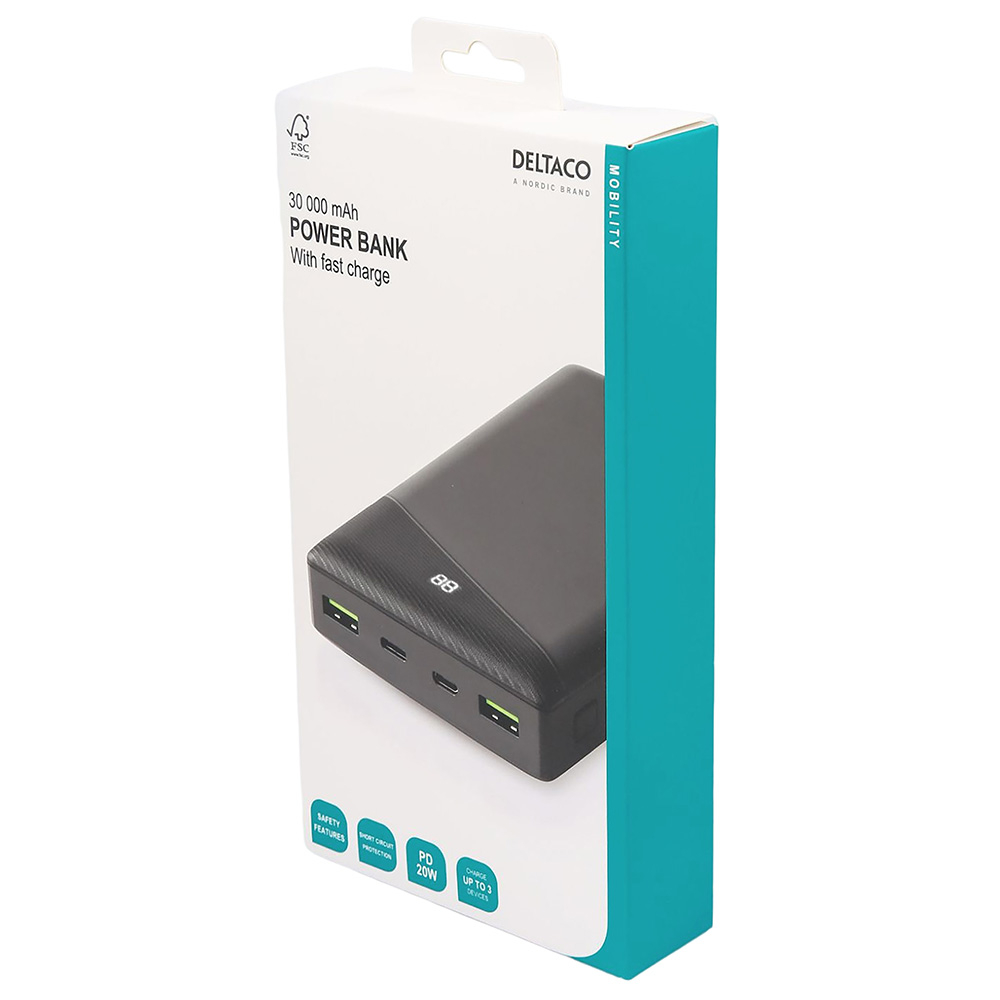 Kraftfull 2xUSB+USB-C powerbank, 30 000mAh, 18W, svart