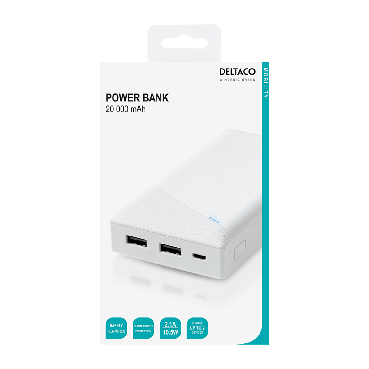 DELTACO Powerbank med 2x USB-A, 20.000mAh, 10.5W
