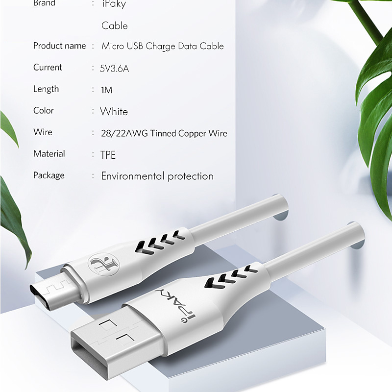 iPaky micro-USB kabel, Quick charge 3.6A, 1m, vit