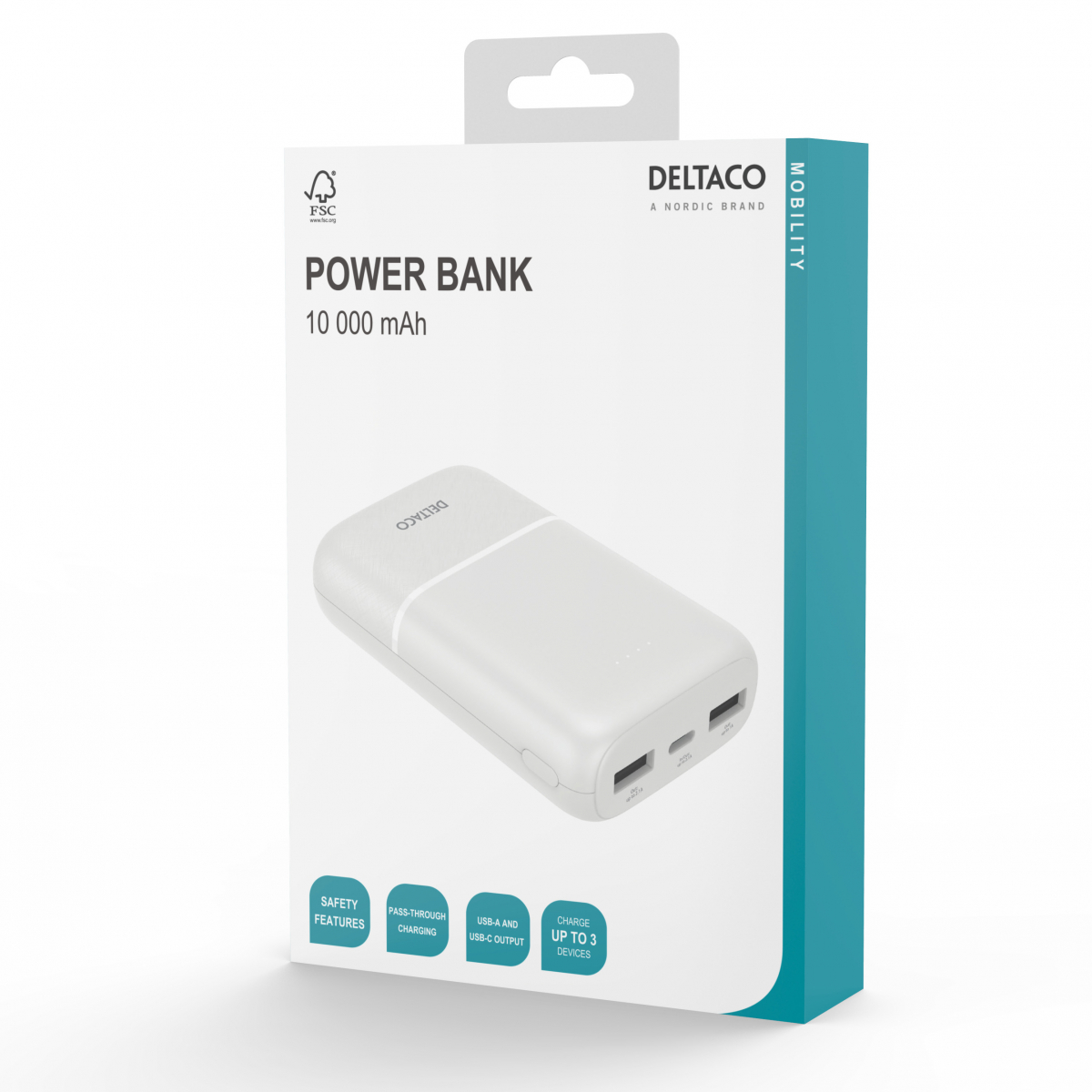 2xUSB+USB-C powerbank, 10 000mAh, 20W, vit