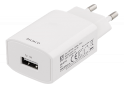 Deltaco USB-A Väggladdare, 100-240V, 5V, 2.4A, vit