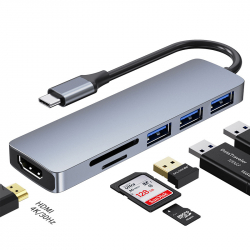 6-i-1 USB-C hubb med 3xUSB 3.0, kortläsare och HDMI, PD, 87W