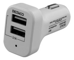 DELTACO Billaddare, 2xUSB-A, 12-24V, 2,1A 10W, vit