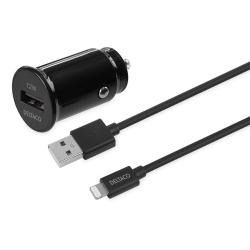 Deltaco USB billaddare+ 1m Lightning-kabel, MFI, 12W, svart