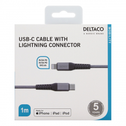 Deltaco USB-C till Lightning kabel, 1m, 5V/3A PD, rymdgrå