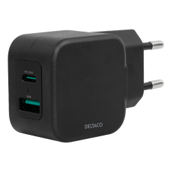 Deltaco USB+USB-C väggladdare, PD, 20W, svart