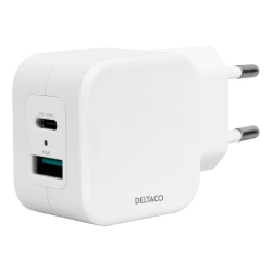 Deltaco USB+USB-C väggladdare, PD, 20W, vit