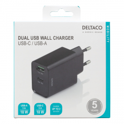 Deltaco Väggladdare med USB-C och USB-A, PD, 18W, svart