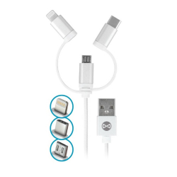 Forever 3-i-1 kabel, microUSB+Lightning+USB-C, 1m, vit