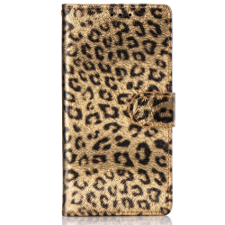 Leopard läderfodral med ställ/kortplats, iPhone 12/12 Pro, guld