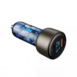 Rock H16 Genomskinlig USB+USB-C billaddare med display, 72W