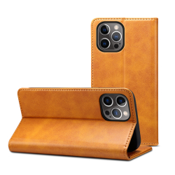 Läderfodral med kortplats och ställ, iPhone 12 Pro Max, ljusbrun