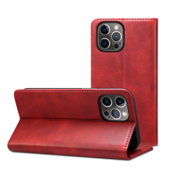 Läderfodral med kortplats och ställ, iPhone 12/12 Pro, röd