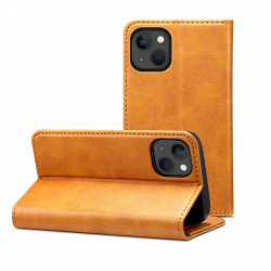 Läderfodral med kortplats och ställ, iPhone 13, ljusbrun