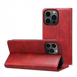 Läderfodral med kortplats och ställ, iPhone 13 Pro, röd